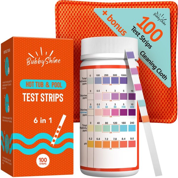 BubbyShine Hot Tub Test Strips - ph Strips for Pool Test Strips for Hot Tub Chemicals, Hot Tub Chlorine Test Strips, Pool Spa Test Strips for Hot Tub Accessories, Pool Water Testing Kit, 100 Pack