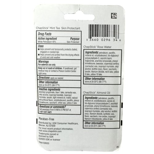 Chap Stick (1) Chapstick Spa Collection Trio (Mint Tea, Rose Water and Almond Oil Flavors) 3 Sticks Net wt .15 Oz (4 g) Each