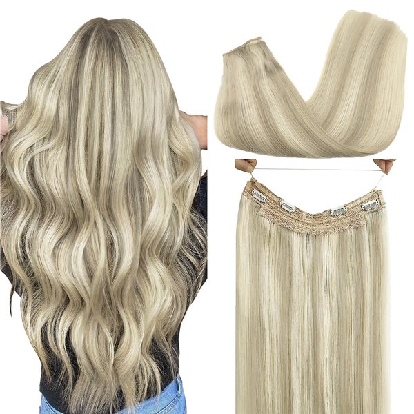 GOO GOO Wire Hair Extensions Human Hair, 17A/60A Ash Blonde mix Platinum Blonde Highlighted 16inch 95g, Invisible Wire Hair Extensions with Transparent, Seamless Fish Line Hairpiece