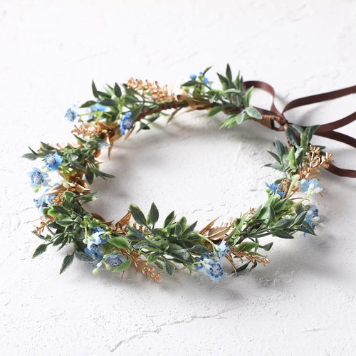 KorViSHOW Handmade Dried Flower Crown - Golden Green Leaves Blue Fairy Flower Headband Floral Headpiece for Women Girls Teens Kids Hawaiian Party Wedding Beach Festival