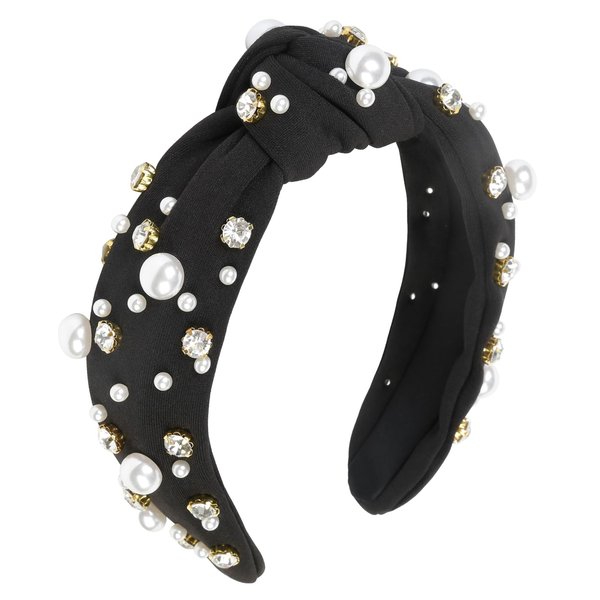 WOVOWOVO Black Pearl Headbands for Women Girls Fashion Top Knot Crystal Wide Head Bands for Women’s Hair Rhinestone Jeweled Sparkly Beaded Embellished Hairband