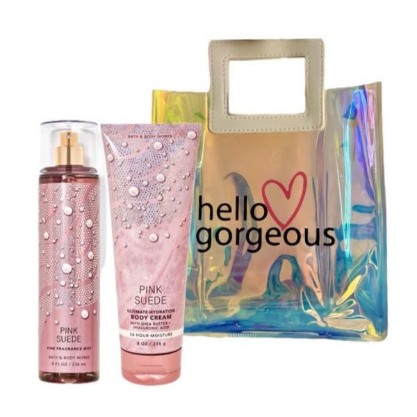 PINK SUEDE - White Barn - Bath/Body Works - Gift Set 2 Piece Bundle - with Gift Bag HELLO GORGEOUS