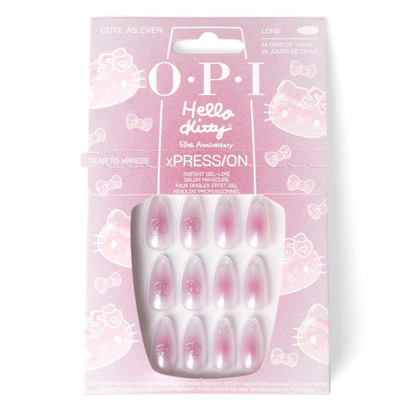 OPI xPRESS/ON Cute as Ever | Bright Pink Long Almond Press On Nails | With Nail Glue | Hello Kitty Limited Edition Collection