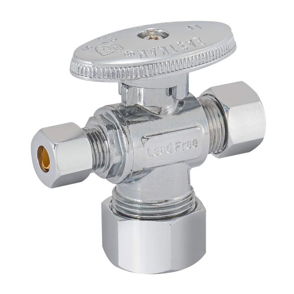 Eastman Quarter-Turn Dual Outlet 3-Way Stop Valve, 3/8 Inch OD Compression x 1/4 Inch OD Compression x 5/8 Inch OD Compression, Chrome Plated, 48654LF