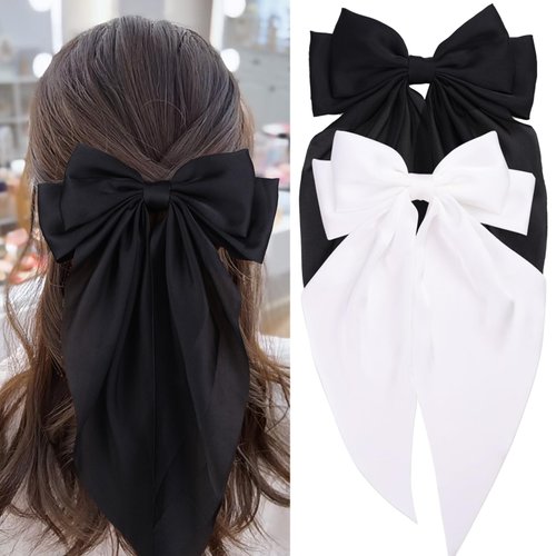 MRJ 2 Pcs Silky Satin Hair Bows Big Hair Bows for Women Hair Ribbons for Women Hair Clips for Girls