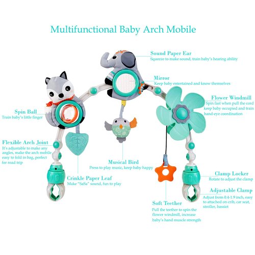 Baby Stroller Arch Mobile, Adjustable Musical Arch Toys Mobile for Crib with Universal Clamps, Versatile Activity Toy Bar for Baby Bouncer Infant Baby Car Seat Toys Mobile for Bassinet Swing - Gray