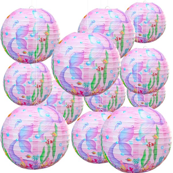 12" Paper Lanterns Party Decorations, Pink Mermaid Party Decorations, Under the Sea Party Decorations for Mermaid Theme Girl Birthday Party Wedding Baby Shower Party Supplies, Pack of 12.
