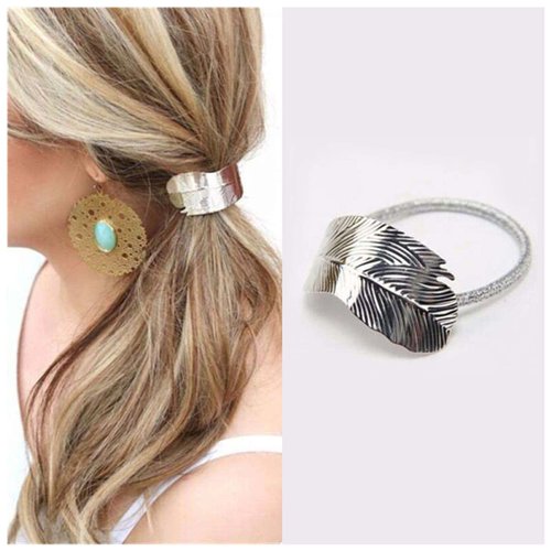 Iaceble Boho Silver Leaf Hair Tie Hairband Ponytail Holder Hair Rope Minimalist Leaf Hair Band Rope Metal Feather Hair Scrunchies Hair Tie Decorative Hair Accessories for Women and Girl Headdress