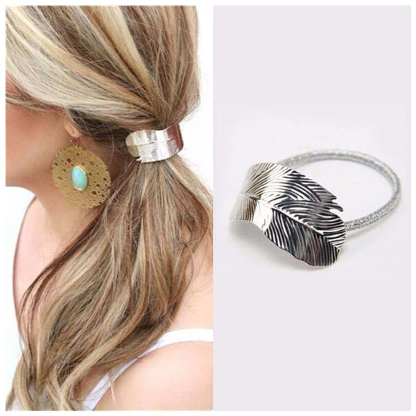 Iaceble Boho Silver Leaf Hair Tie Hairband Ponytail Holder Hair Rope Minimalist Leaf Hair Band Rope Metal Feather Hair Scrunchies Hair Tie Decorative Hair Accessories for Women and Girl Headdress