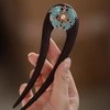 U Shape Wooden Hair Sticks, Ebony Sandalwood French Hair Forks, Hairpin with Double Fish Koi, Hair Sticks for Thick, Long Hair, for Women Chignon Bun Updo Hairstyle