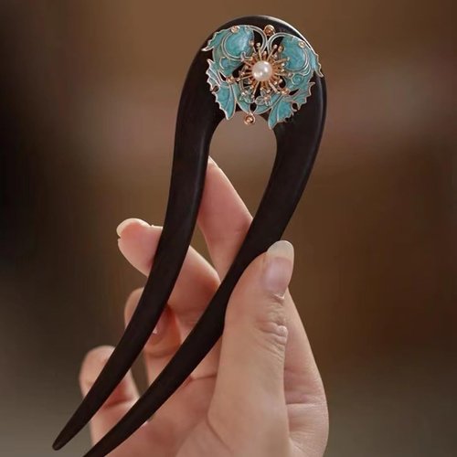 U Shape Wooden Hair Sticks, Ebony Sandalwood French Hair Forks, Hairpin with Double Fish Koi, Hair Sticks for Thick, Long Hair, for Women Chignon Bun Updo Hairstyle