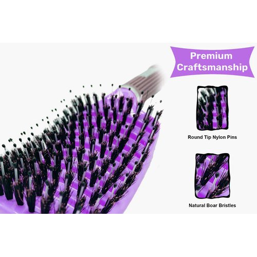 Zabolight Premium Vent Boar Bristle Hair Brush Vented Detangling Oversize Hair Brush for Thick Long Curly Hair, Curved Fast Blow Drying Brush for Women & Men (Purple)
