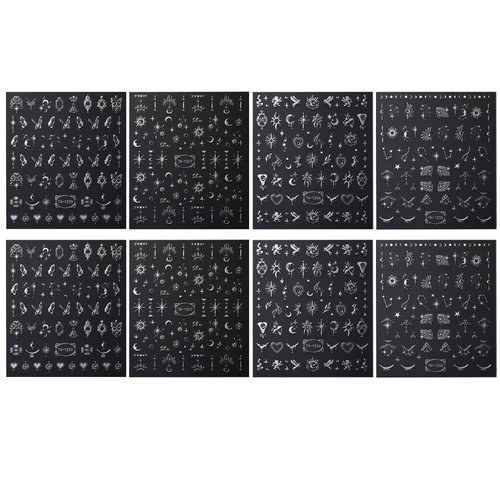 8 Sheets Metallic Silver Nail Stickers for Women 3D Star Moon Sun Nail Decals for Nail Art Supplies Bronzing Silver Nail Sticker Pegasus Butterfly Nail Art Stickers Self-Adhesive Stickers for Nails