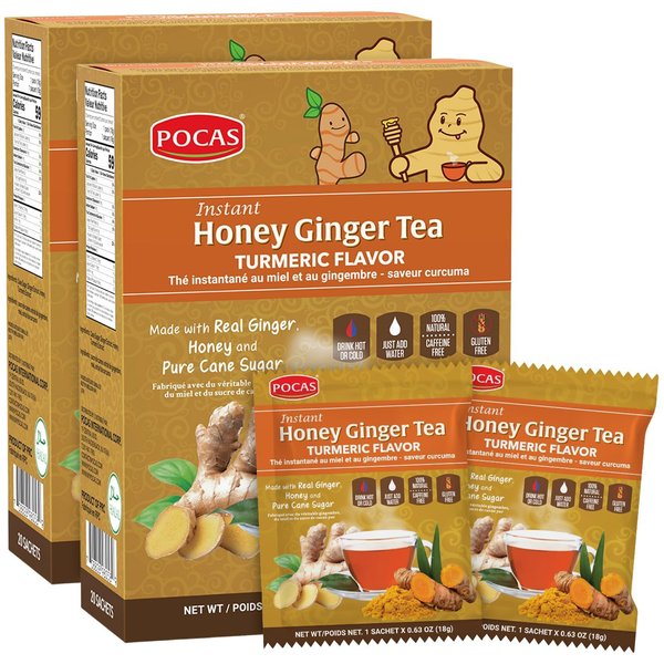 Pocas Honey Ginger Tea - Instant Tea Powder Packets with Turmeric Ginger Honey Crystals Tea, Non-GMO/Gluten Free/Caffeine Free Tea, 20 Count (Pack of 2)