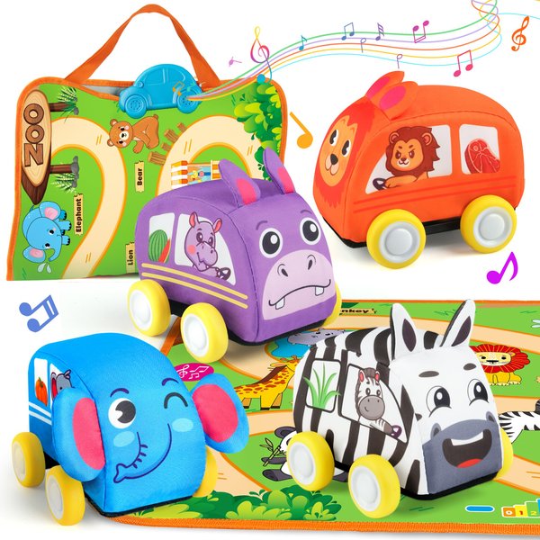 Vanmor Baby Car Toys for 12 Month Old Toys, Musical Playmat with 4 Animal Soft Pull-Back Vehiclefor 1 Year Old, Soft Baby Learning Toys 12-18 Months, 1st Birthday Xmas Gift for Toddlers