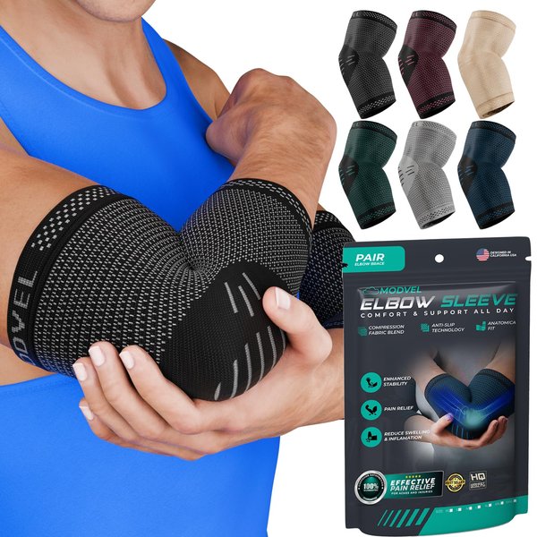 MODVEL [2 Pack] Elbow Brace - Compression Support Sleeve for Joint Pain Relief, Recovery, Tendonitis, Tennis & Golfer's Elbow - Workout & Weightlifting Arm Wrap - For Men & Women. (Black)