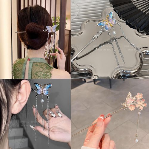2 Pcs Metal Hairpin Hair Chopsticks Flower Hair Stick Butterfly Handmade Classic Hair Pins for Women Girls 062#02