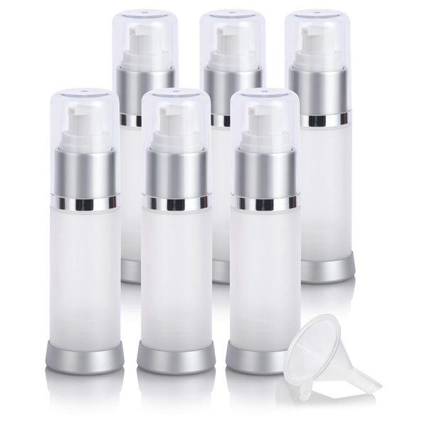 JUVITUS 1 oz / 30 ml Frosted Airless Acrylic Foundation Bottle with Clear Cap + Funnel (6 PACK)