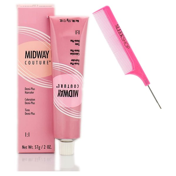 MIDWAY COUTURE by WeIIa Demi-Plus Haircolor Dye, Mid Way Demi Permanent Hair Color (w/SIeekshop Argan-Oil Infused PINK Rat Tail Steel Pin Comb) (5/6G Golden Brown)