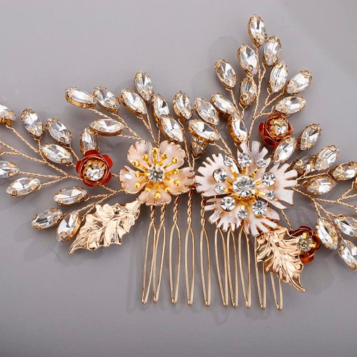 BERYUAN Bridal Hair Comb for Bride Leaf Flower Hair Comb Cute Elegant Dainty Pretty Beautiful Golden Vintage Comb for Hair