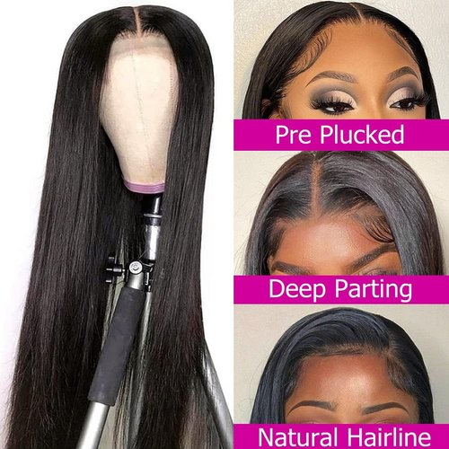 DACHIC 24 Inch 4x4 Transparent Straight Closure Wigs Human Hair HD Lace Front Wigs Human Hair Pre Plucked 150% Density Brazilian Human Hair Wigs for Black Women Middle Part