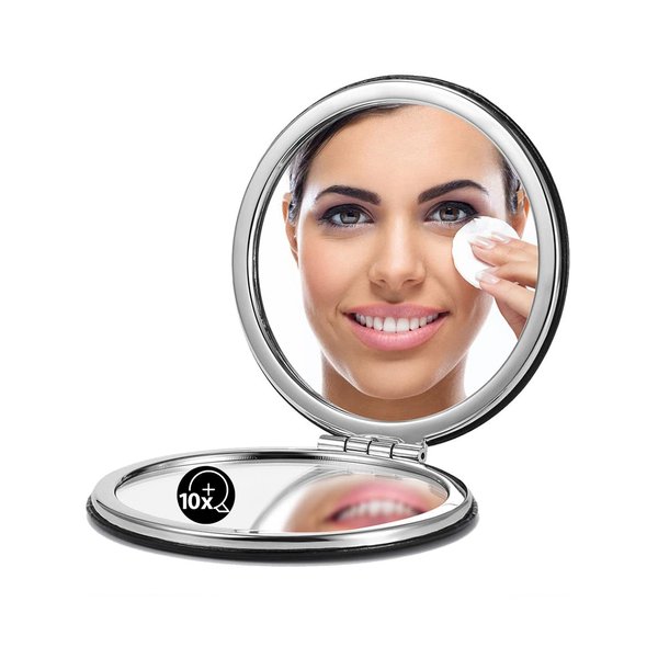 OMIRO 1X/10X Magnifying Compact Mirror with PU Leather, Ultra-Portable for Purses and Travel, Round Black