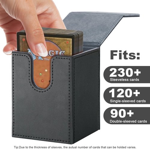 DingGuagua Card Deck Box for MTG,YuGiOh, KeyForge, Digimon FAB Card Storage Box Fits 230+ Single Sleeved Cards, PU Leather Strong Magnet Card Deck Case Holder for TCG CCG Magic Commander (Black&grey)