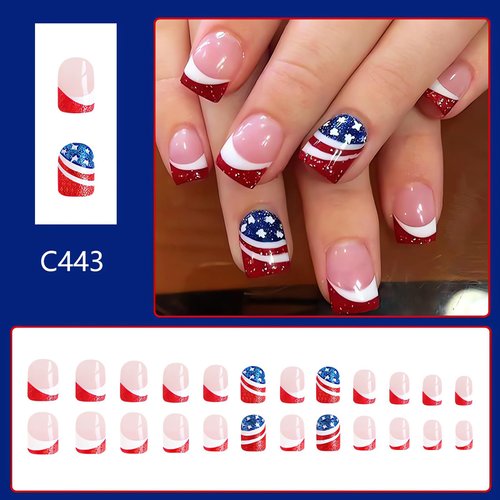 OHWODA Independence Day Press on Nails Square 4th of July Short Fake Nails Blue Red Patriotic False Nail Tips American Day Nails Designs Short Nails Press ons 24Pcs (style8)