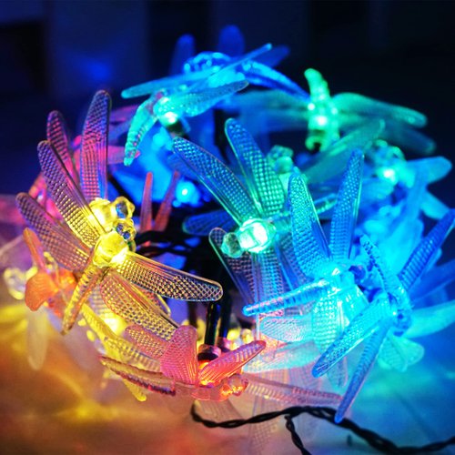 Solar Dragonfly String Light 30LED 21ft Garden Stake Lights Waterproof Outdoor Twinkle Fairy Lights with 8 Lighting Modes for Trees, Patio, Fence Christmas Decor (Multi-Colored)