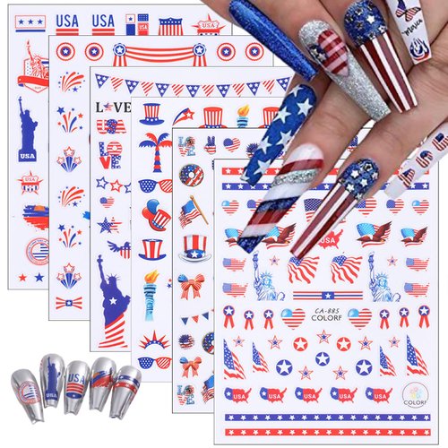 6 Sheets 4th of July Nail Art Stickers American Flag Independence Day Nail Stickers Star National Flag Nail Decals Red Blue 3D Self Adhesive Designs for Women and Girls Decorations