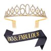 "60 & Fabulous"Sash & Rhinestone Tiara Set, Black Gold 60th Birthday Gifts for Women, Birthday Sash/Tiara for Women's 60th Birthday Party Decoration (Black 60th)
