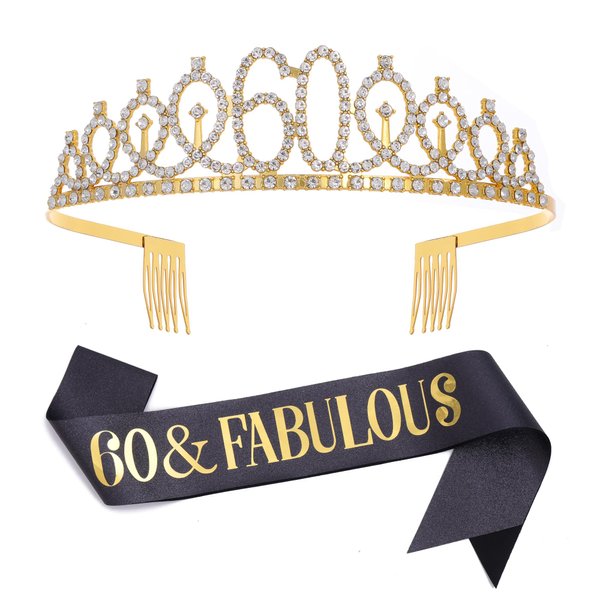 "60 & Fabulous"Sash & Rhinestone Tiara Set, Black Gold 60th Birthday Gifts for Women, Birthday Sash/Tiara for Women's 60th Birthday Party Decoration (Black 60th)