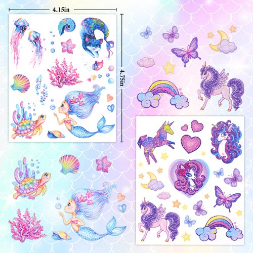 Ozepao Glitter Temporary Tattoo for Girls, 12 Sheets Mermaid Unicorn Tattoo Stickers for Kids, Waterproof Fake Tattoos for Birthday Party Favors Supplies