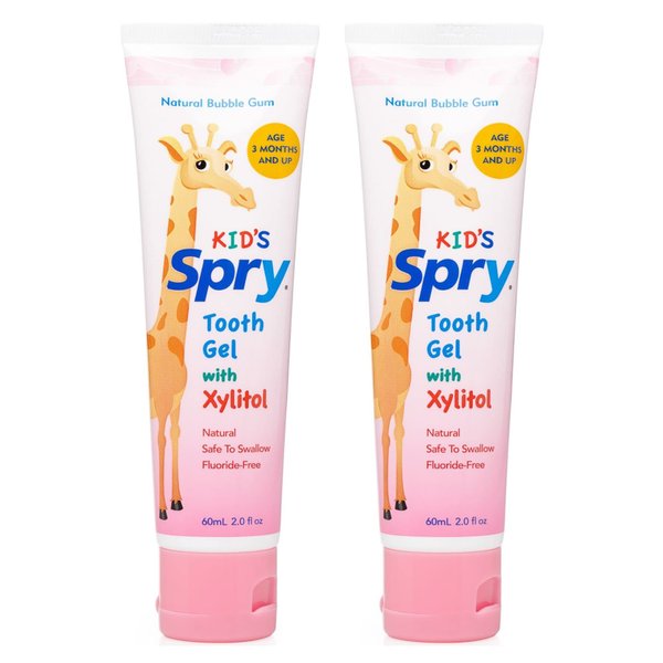 Spry Xylitol Baby Toothpaste, Natural Toddler Toothpaste, Fluoride Free Toothpaste for Kids, Xylitol Toothpaste for Kids Age 3 Months and Up, Tooth Gel Bubble Gum 2 Fl Oz (Pack of 2)