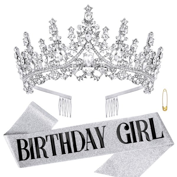 Chanaco Birthday Crown Birthday Sash Birthday Crowns for Women Birthday Girl Sash Birthday Girl Crown Silver Tiara Happy Birthday Decorations for Women Birthday Party Suppliers Gifts