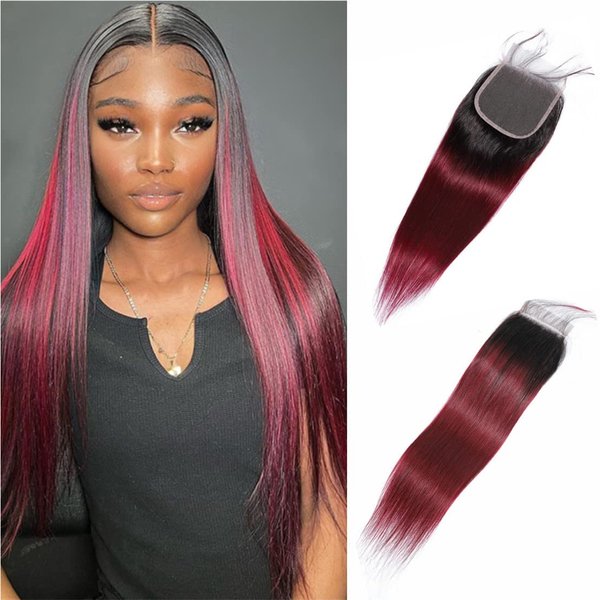 Brazilian Ombre 1B 99J Straight 4x4 Lace Closure 100% Unprocessed Human Virgin Hair Red Wine Pre-Plucked Hairline 2 Tone 1b/99j closure 1B Burgundy Closure With Baby Hair (12inch, 1b 99j straight closure)