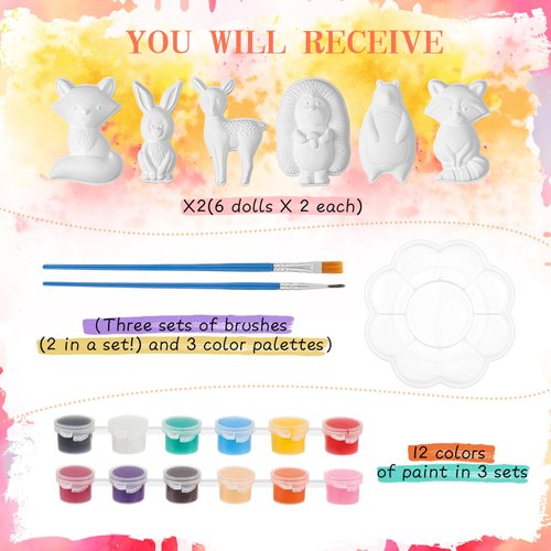 Realspring 12 Set Woodland DIY Painting Kit Ceramic to Paint Your Own Animal Statues Unpainted Plaster Figurines Brushes Acrylic Paints Crafts Kits Party Favor for Kids Girls Boys