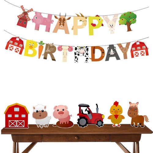 7 Pcs Farm Themed Party Supplies,Indoor and Outdoor Farm Animals 3D Table Decoration,Include Farm Animals Centerpieces and Farm Happy Birthday Banner