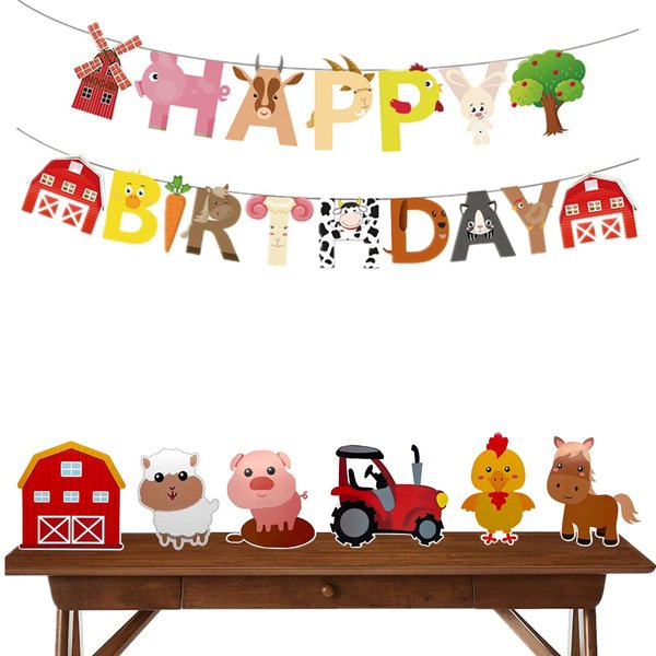 7 Pcs Farm Themed Party Supplies,Indoor and Outdoor Farm Animals 3D Table Decoration,Include Farm Animals Centerpieces and Farm Happy Birthday Banner