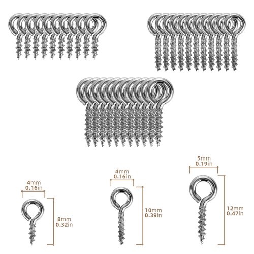 Abeillo 300 Pieces Small Screw Eye Pins 3 Sizes Screw Threaded Eye Pin Hooks Mini Stainless Steel Eyelet Screws Hooks for Jewelry Making DIY Art Craft (0.16 x 0.3 0.16 x 0.4 0.2 x 0.47) Inch