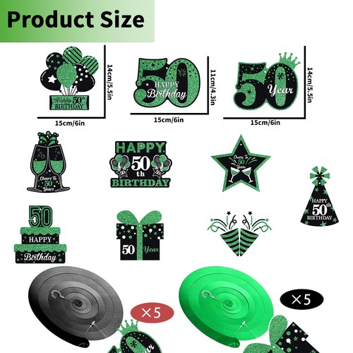 50th Birthday Party Decorations, Green and Black Happy 50th Birthday Decorations Hanging Swirls Banner Honeycomb Centerpieces for Men Women Happy 50 Years Old Bday Party