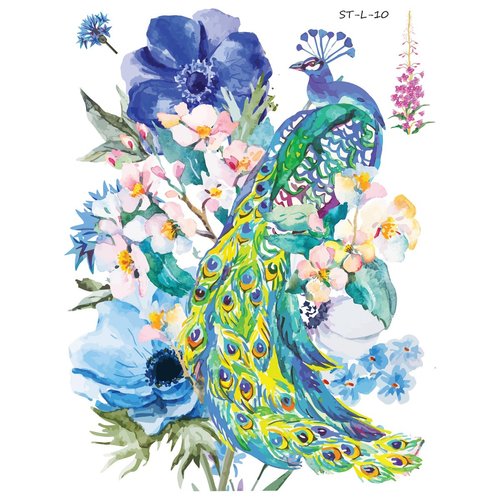 Supperb® Temporary Tattoos - Watercolor Dream of peacock & Blue Flowers