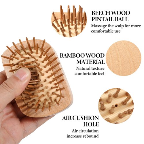 Bamboo Hair Brush for Hair Growth, Mini Wood Hair Brush Wooden Scalp Massager Travel Detangling Hairbrush Air Cushion Hair Brushes for Women and Men All Hair Types, Easy of Holding