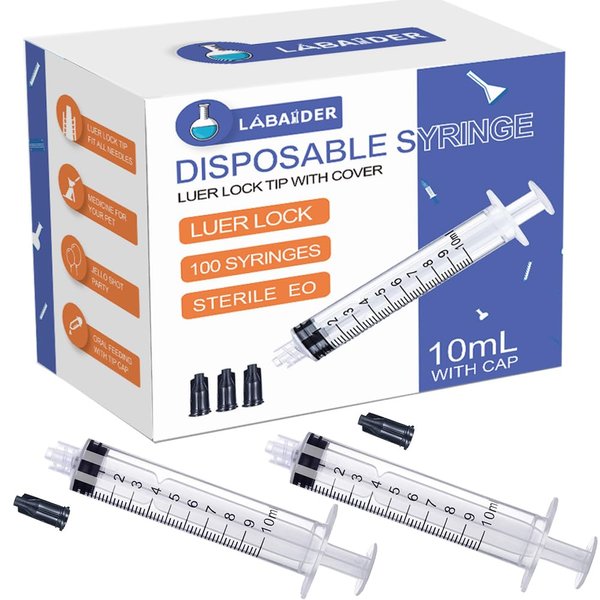 10mL/cc Plastic Luer Lock Syringes Without Needle, Individually Sterile Wrapped, with Tip Cap, for Liquid,Scientific Labs, Measuring, Dispensing
