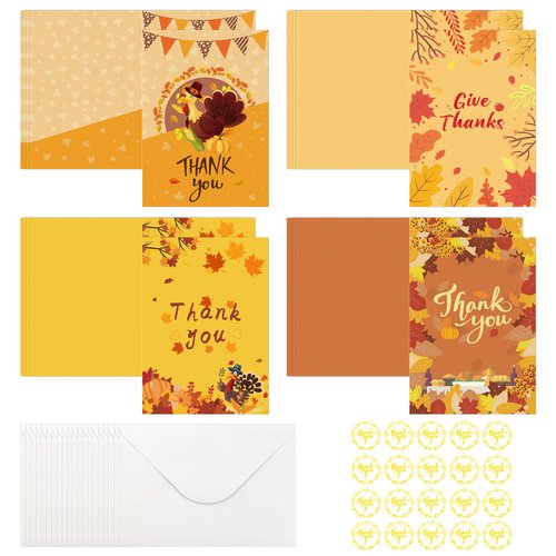 Thanksgiving Cards with Envelopes, Fall Cards, 20 Sets Thanksgiving Cards Bulk Assorted Fall Greeting Cards with Envelopes Stickers Turkey Thankful Cards Harvest Holiday Party Supply 4 Unique Designs