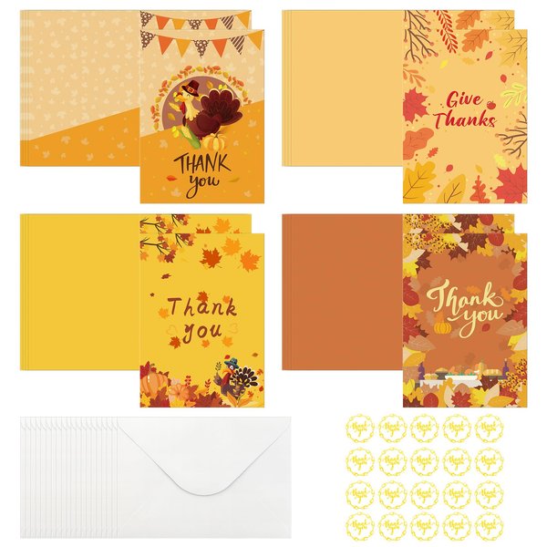 Thanksgiving Cards with Envelopes, Fall Cards, 20 Sets Thanksgiving Cards Bulk Assorted Fall Greeting Cards with Envelopes Stickers Turkey Thankful Cards Harvest Holiday Party Supply 4 Unique Designs