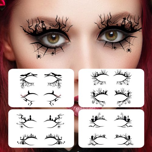 16Pcs Halloween Eyeshadow Eyeliner Temporary Tattoos Sticker Spider Web Skull Bat Eye Line Strips Eye Face Makeup Decals for Women Girls Halloween Masquerade Party 3D Self- Adhesive Eye Art Decor