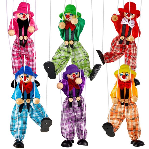 Meooeck 6 Pack Wooden Marionette Puppets Pull String Puppets, Include 6 Colors Clown Marionette String Clown Doll Interactive Toy for Birthday Theater Pretend Play Puppetry Party