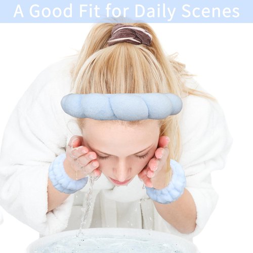 LVYOUIF 4PCS Spa Headband Hairband & Wristband Set Bow-tie Hairband with Buckled Hair Band Wrist Washband Terry Towel Cloth Headband for Washing Face Makeup Removal Skincare Blue