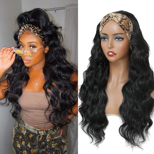 MarchQueen Long Wavy Headband Wigs for Black Women 24 Inch Loose Wave Headband Wig Synthetic Bouncy Wavy Long Wigs for Women and Girls Daily Party Wear
